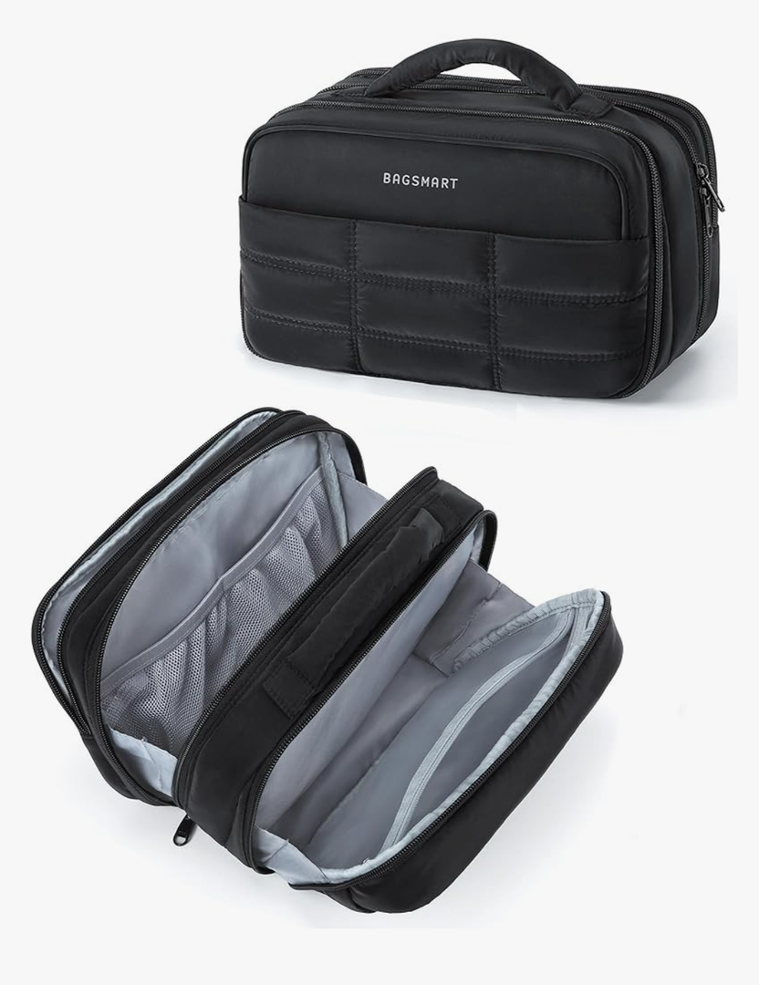 BAGSMART Toiletry Bag for Women, Travel Makeup Bag, Wide-open Portable Make Up Bag Organizer for Women for Travel Essentials Travel-Size Toiletries Accessories Bottles, Brushes, Black