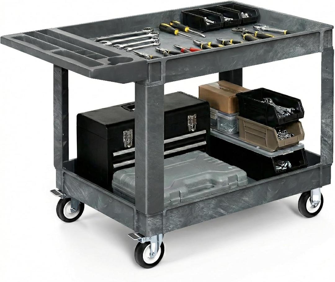 YITAHOME 2 Tier Heavy Duty Plastic Utility Cart 45 x 25 Inch, Rolling Work Cart w/Deep Shelves & 360 Swivel Wheels(2 Brake), Plastic Tool Cart Suitable for Warehouse, Garage, Office, Cleaning, Gray