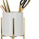 4.72" Gold Pen Holder Aesthetic Pencil Holder for Desk, Gold Desk Organizers and Accessories for Women Girls, Ceramic Pen Holder for Office (White Cup-Gold Bracket), Pack of 2 