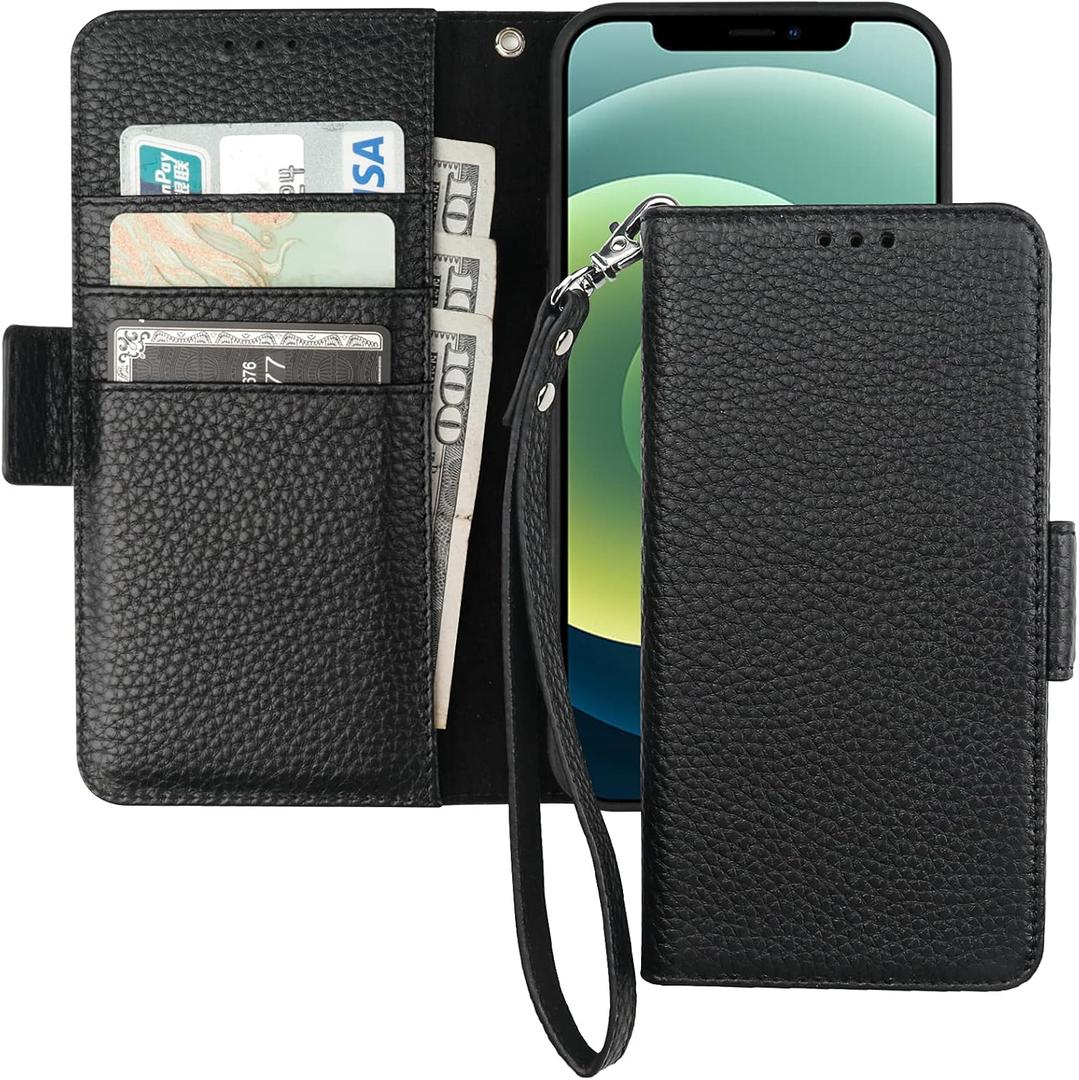 Bocasal Wallet Case for iPhone 12/12 Pro, Genuine Leather Support Wireless Charging RFID Blocking Flip Case Card Slots Holder, Kickstand Book Folding Folio Cover with Wrist Strap 6.1 Inch (Black)