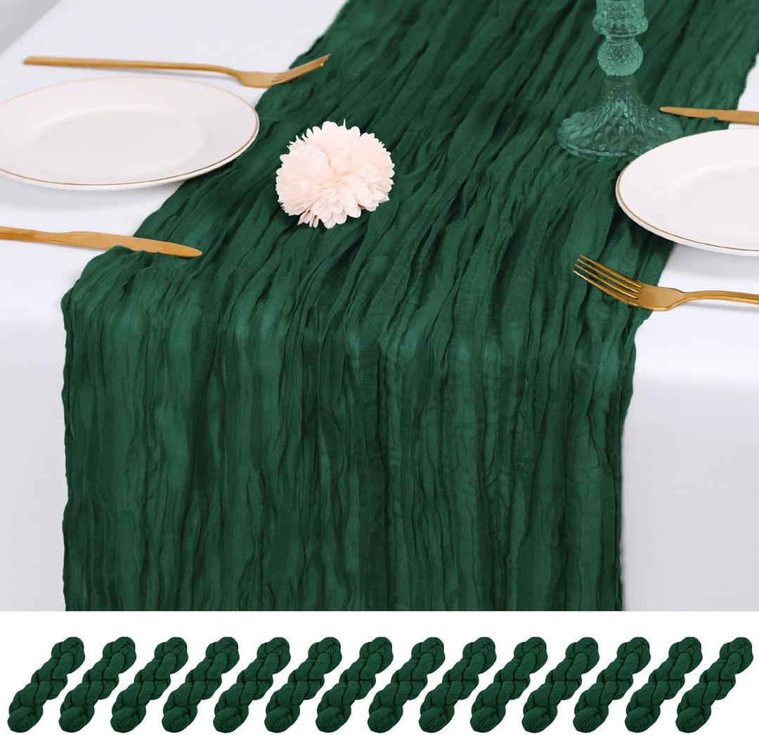 14 Pack Emerald Green Cheesecloth Table Runner 17x108 Inch Semi Sheer Boho Gauze Cheese Cloth Fabric Table Runners, for Wedding Party Baby Shower Birthday Home Decor Garden Farmhouse