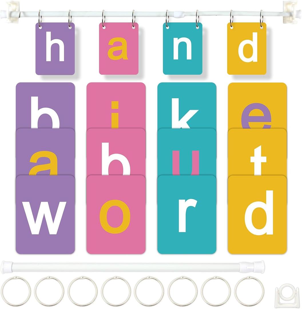 Colorful CVC Word Builder with 117 Alphabet Flash Cards Phonics, Adjustable CVCC & CCVC Flip Charts with Holder Spelling Game Bulletin Board Letters for Home Wall Decor Supplies