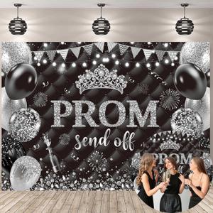 Prom Send Off 2026 Backdrop 7x5FT Black and Silver Balloon Champagne Crown Congrats Grad Photography Background 2026 Celebrate Graduation Party Decorations Supplies Photo Props