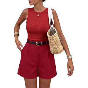 BTFBM 2 Piece Sets for Women Summer 2026 Sleeveless Matching Short Sets Tank Crew Neck Airport Travel Outfits Pockets (Medium, Red)