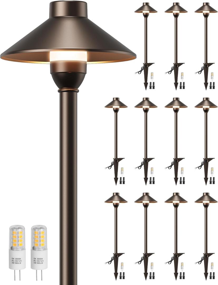 PARTPHONER Low Voltage Landscape Lighting 12-Pack, Aluminum 12V Pathway Lights with G4 Bulbs, Waterproof Oil Rubbed Bronze Color Wired Path Lights with Connectors for Walkway Yard Garden