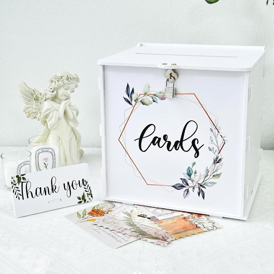 OurWarm White Wedding Card Box with Lock, PVC Gift Card Box for Wedding Reception, Eucalyptus DIY Wedding Envelope Money Card Box for Party Graduation Birthday Baby Shower Decorations