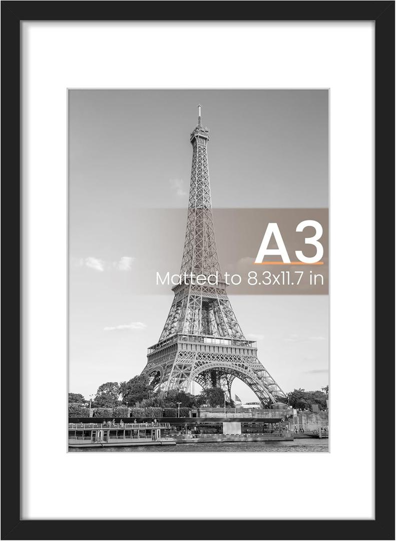 Upsimples A3 Picture Frame, Display Pictures 8.3x11.7 with Mat or 11.7 x 16.5 Without, Wall Hanging Poster Frames, Black, 1 Pack