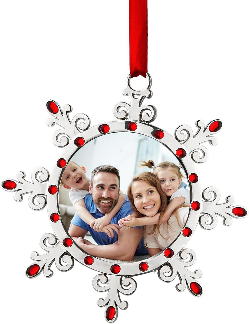 Joiedomi Christmas Photo Ornament, Snowflake Tree Decoration Photo Frame Family Ornaments with Red Gems for Christmas Decorations, House warmings
