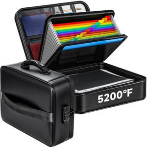 Fireproof Document File Organizer Bag, 5200F Portable File Organizer with Lock, 16 Layer File Box Waterproof and Heat Insulated Safe Storage for Important Documents, Laptop, and Files and More (Black)