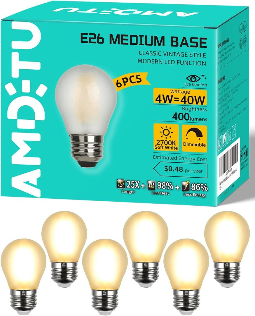 Vintage LED Edison Short Small Light Bulb 40W Dimmable E26 Globe 2700K Soft white Frosted 40 Watt Warm Standard Medium Base G45 Bulbs Ideal for Ceiling Fan,Vanity Light,Table Lamp Create Cozy Ambiance (6 Count (Pack of 1)