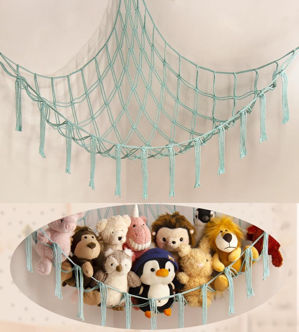 Stuffed Animal Hammock-Large Stuffed Animal Net For Toys Corner-Hanging Stuff Animal Toy Storage Organizer For Plush Plushie Display Light Blue Girl Room Bedroom Boho Nursery Decor Toy Storage (LightBlue)