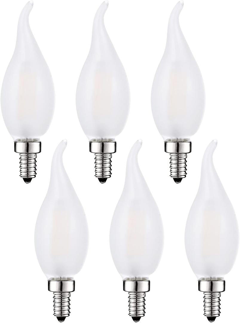 SHUWDKAR Frosted LED Candelabra Bulbs 60 Watt Flame Tip Chandelier Light Bulb, 6W Smooth Dimmable 3000K Soft White Frosted Glass with E12 Candelabra Base, 6 Pack