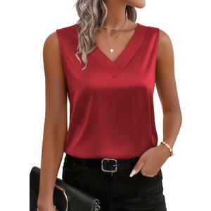 Zeagoo Women's Silk Satin Tank Tops V Neck Casual Camisoles Sleeveless Business Work Blouses Dressy Summer Shirts (Red, XL)