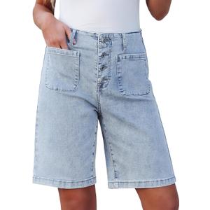 luvamia Bermuda Shorts for Women Jean High Waisted Trendy Patch Pockets Casual Summer Button Fly Stretchy Denim Shorts (Blue, S)