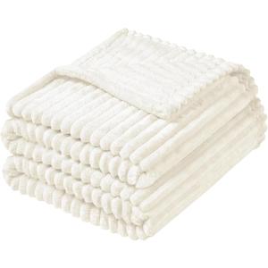 Vessia Flannel Fleece Striped Bed Blanket Twin Size(60x80inch), 300GSM Microfiber Cream Comfy Decor, Soft Warm Cozy Lightweight Ivory Ribbed Blanket for All-Season