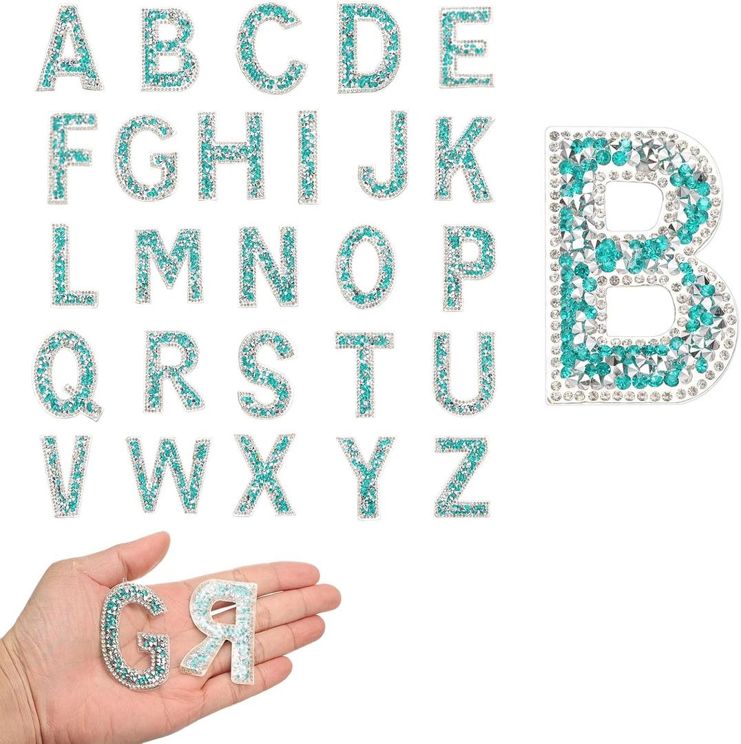 uxcell 26pcs Rhinestone Iron on Letter Patches, A-Z Self Adhesive Glittery Rhinestone Alphabet Letter Sticker Appliques for DIY Jackets Hats Clothes Backpack, Blue