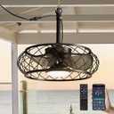 CROSSIO 20'' Outdoor Ceiling Fan with Lights Remote Control, Outdoor Ceiling Fans with Hanging Hook, Dimmable Caged Industrial Chandelier with Fan, Fandelier for Gazebo Patio Pergola, Black