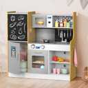 Wooden Play Kitchen, Large Size Kids Kitchen Play Set, Pretend Toy Kitchen for Toddler with Lights & Sounds, Kids Kitchen with Blackboard, Phone, Oven, Microwave, Stoves, Gift for Ages 3+
