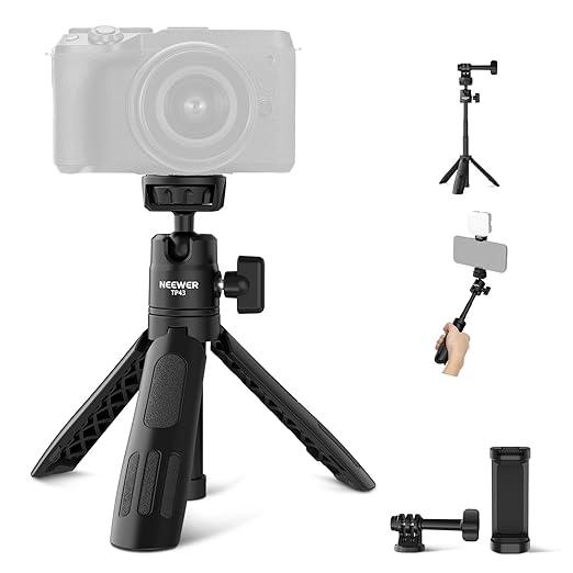 NEEWER Basics Mini Desk Selfie Stick Tripod Compatible with iPhone GoPro Insta360 DJI, Portable Small Camera Webcam Android Cell Phone Holder Ball Head Elevated Axis Video Recording Stand, TP43 Black