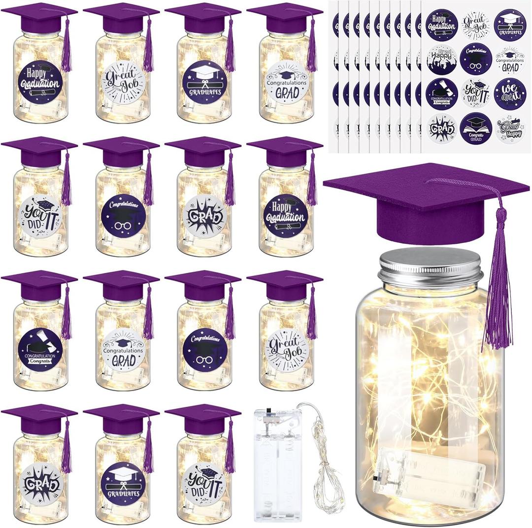 Boao 16 Sets Graduation Table Decoration Set with LED Light up Graduation Decorations for Class of 2026, Grad Jar, Felt Grad Hat and Stickers for High School College(Purple,Vivid)