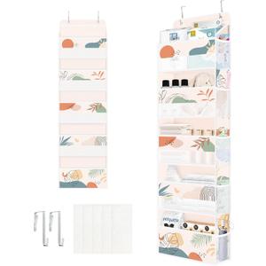 Clastyle Boho Over The Door Organizer Leaf Nursery Hanging Storage Organizer for Women Girls Clothes Diaper Toy Closet Door Hanging Shelf Storage for Bedroom Bathroom Pantry, Pink, 5-Tier