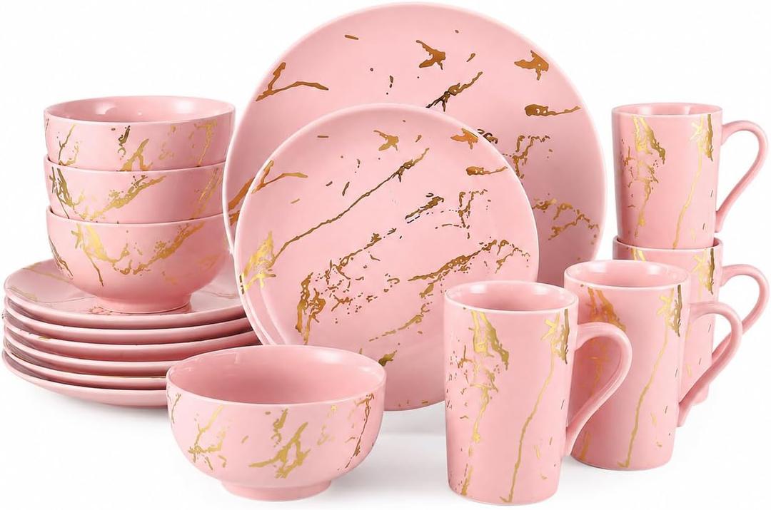 Pink Dinnerware Set for 4, 16-Piece Porcelain, Gold Marble