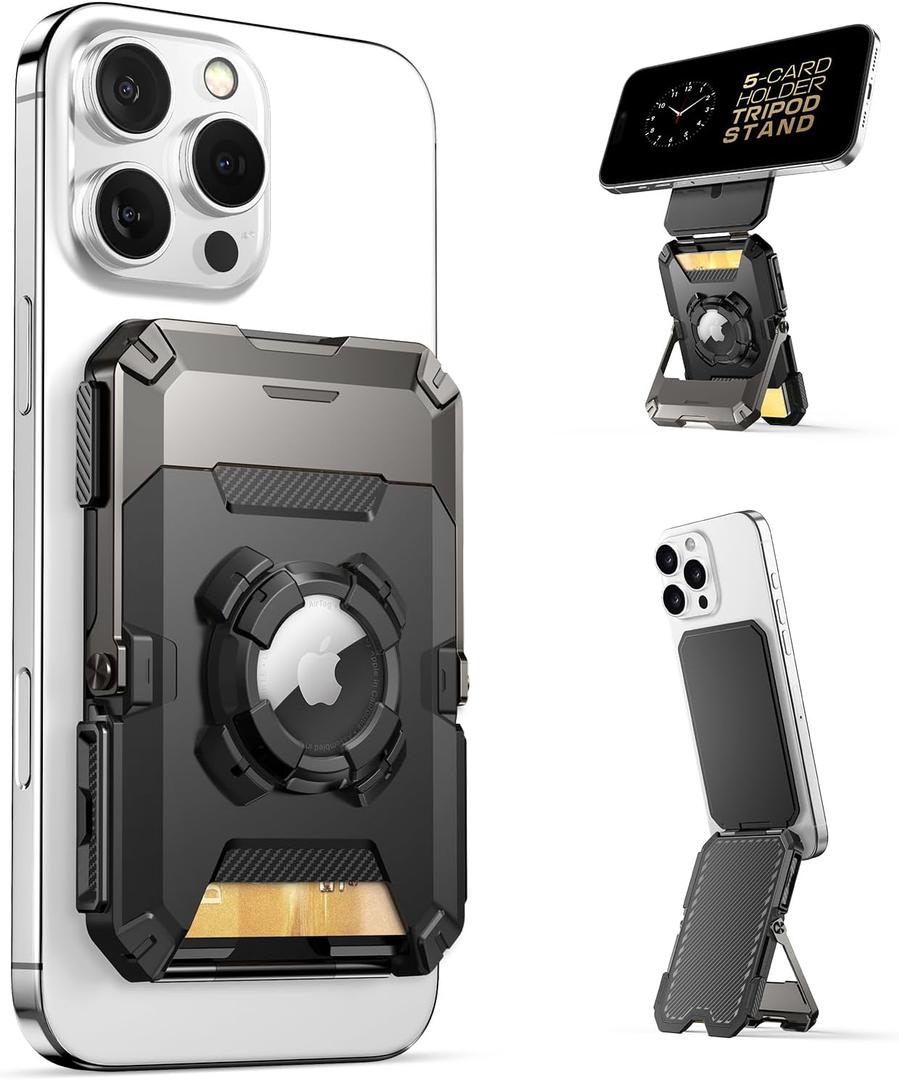 SUPCASE for MagSafe Wallet with AirTag Holder, Magnetic Airtag Wallet for Men, [Hold 5 Cards] [Adjustable Stand] [RFID Blocking] Phone Stand Card Holder Tripod for iPhone 16/15/14/13/12 Series, Black