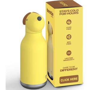 asobu Bestie Bottle Insulated Stainless Steel Water Bottle with Detachable Soft Animal Head Fun Drinking For Kids and Teens16 Ounce with Flexible Reusable Straw (Dog)