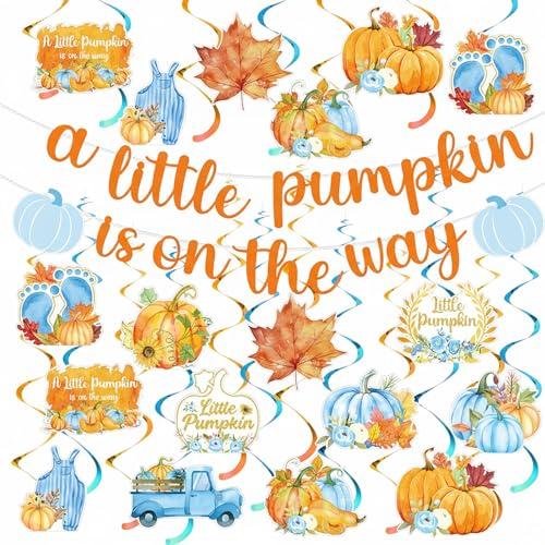Fullhawl 26 Pcs Little Pumpkin Baby Shower Banner Sign with 12 Hanging Swirls A Little Pumpkin Is on the Way Banner Fall Blue Hanging Decorations for Gender Reveal Theme Party Supplies