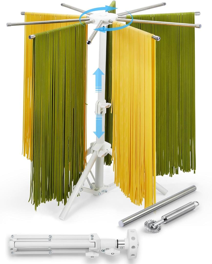 Pasta Drying Rack Collapsible, 360 Rotating, Adjustable Height(14.5"-23.6"), 304 Stainless Steels Arm, Large Noodle Dryer Foldable with Ravioli Wheel for Homemade Fresh Pasta Spaghetti