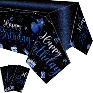 Tudomro 3 Pcs Happy Birthday Tablecloths Happy Birthday Party Decorations Plastic Table Cover Rectangular Cloths for Women Men Baby Shower Party Supplies, 108 x 54 Inch (Black Blue)