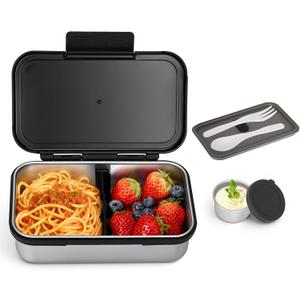 Stainless Steel Lunch Box, Leak-Proof Metal Bento Box with Adjustable Divider, Lunch Container for School Office Picnics & Travel, Microwave-Safe, Black
