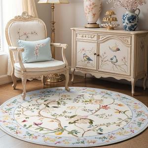 jinchan Circle Rug 6ft Floral Soft Washable Area Rugs Non Slip Chinoiserie Flower Round Rugs Low Pile Netural Design Carpet for Living Room Playroom Bedroom Nursery Beige/Blue