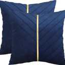 Tosleo Navy Blue Velvet Throw Pillow Covers 26x26 inch Pack of 2 with Gold Leather Decorative Couch Pillowcases Luxury Modern Pillow Cover for Living Room Bedroom Sofa Cushion Bed