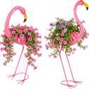 Set of 2 Pink Metal Standing Flamingo Planter Flower Pot | With Drainage Hole, Decorative Garden Sculpture for Lawn Patio, Yard, Indoor Outdoor Use for Trailing Flowers and Plants
