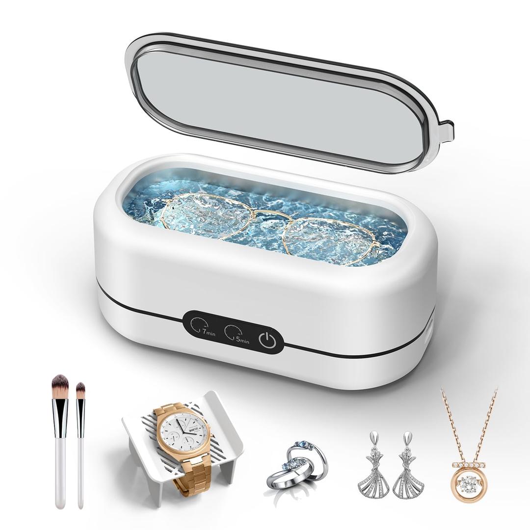 Ultrasonic Jewelry Cleaner, 48KHz Ultrasonic Cleaner Machine for Jewelry, Eyeglasses, Rings, Watch Strap, Dentures- Dual Cleaning Modes, 304 Stainless Steel Tank (White)