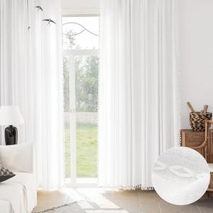 BTTN White Curtains 84 Inch Length 2 Panels Set, Long Boho Farmhouse Linen Striped Embroidery Drapes with Tassels for Bedroom Living Room, Light Filtering French Rod Pocket Window Treatments, 52x84