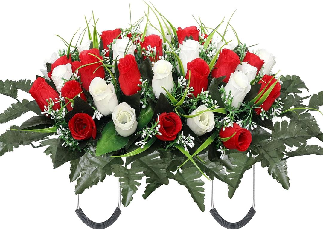 Artificial Cemetery Flower Headstone Flower Saddle Grave Rose Flowers for Cemetery Non-Bleed Colors Windpoof (Red)