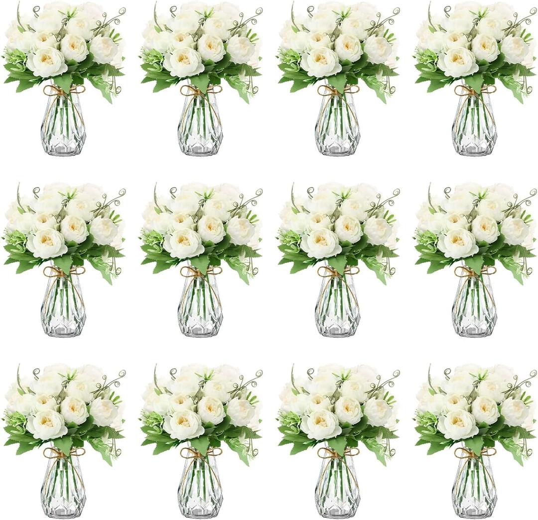 Zeyune 37 Pack Artificial Peonies Flowers with Bud Vase Bulk 24 Bundles Silk Peonies Bouquets 12 Plastic Clear Vase with 1 Rope Fake Flowers for Table Centerpiece Vases(White,Perfume)
