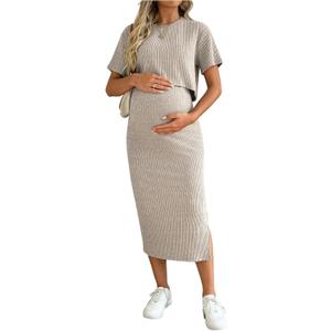 SHENHE Women's Maternity Ribbed 2 Piece Outfits Short Sleeve Crop Top Bodycon Slit Midi Skirt Set Medium