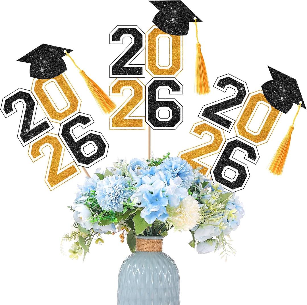 10 Pcs Graduation Table Centerpieces Sticks with Tassels, class of 2026 Grad Cap Picks Table Decoration Cupcake Toppers for Party Centerpiece Decoration Supplies(Black and Gold)