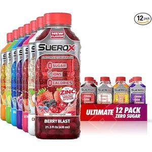 SueroX Zero Sugar Electrolyte Drink for Hydration and Recovery, Unique Blend of Electrolytes & 8 Ions, Zero Calorie Sports Drink, 21.3 Fl Oz, Ultimate Pack, 12 Count Overall Pick, Best By: 04/2026