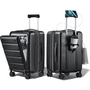 Expandable 20Inch Carry On Luggage Airline Approved - Front Pocket Hardside Travel Suitcase Unbreakable -with Cup Holder,USB Charge,Side Pothook, 360Spinner Wheels, TSA Lock, Black