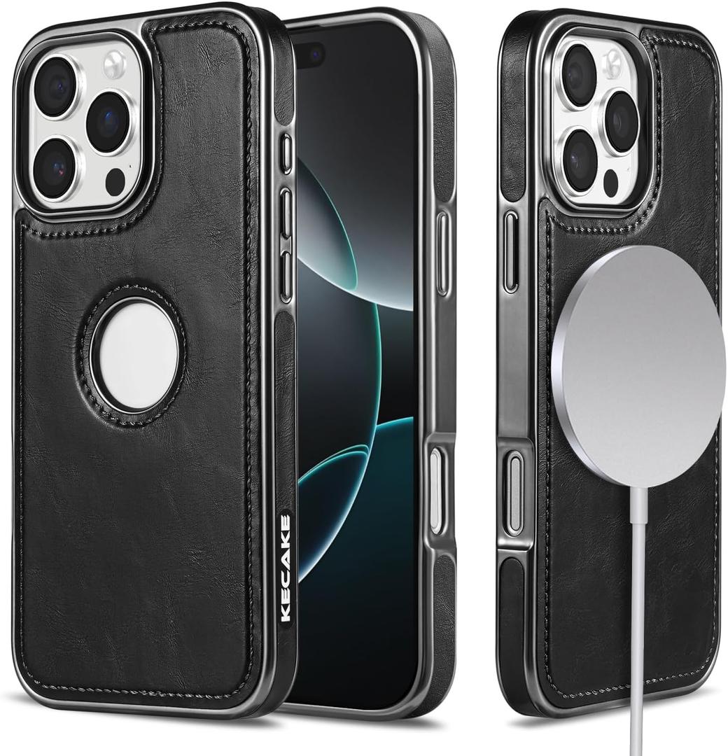 KECAKE for iPhone 16 PRO MAX 6.9 Inch Case Luxury Leather Logo Visible Vintage Ultra Slim Protective Cover (Black with Black Trim)