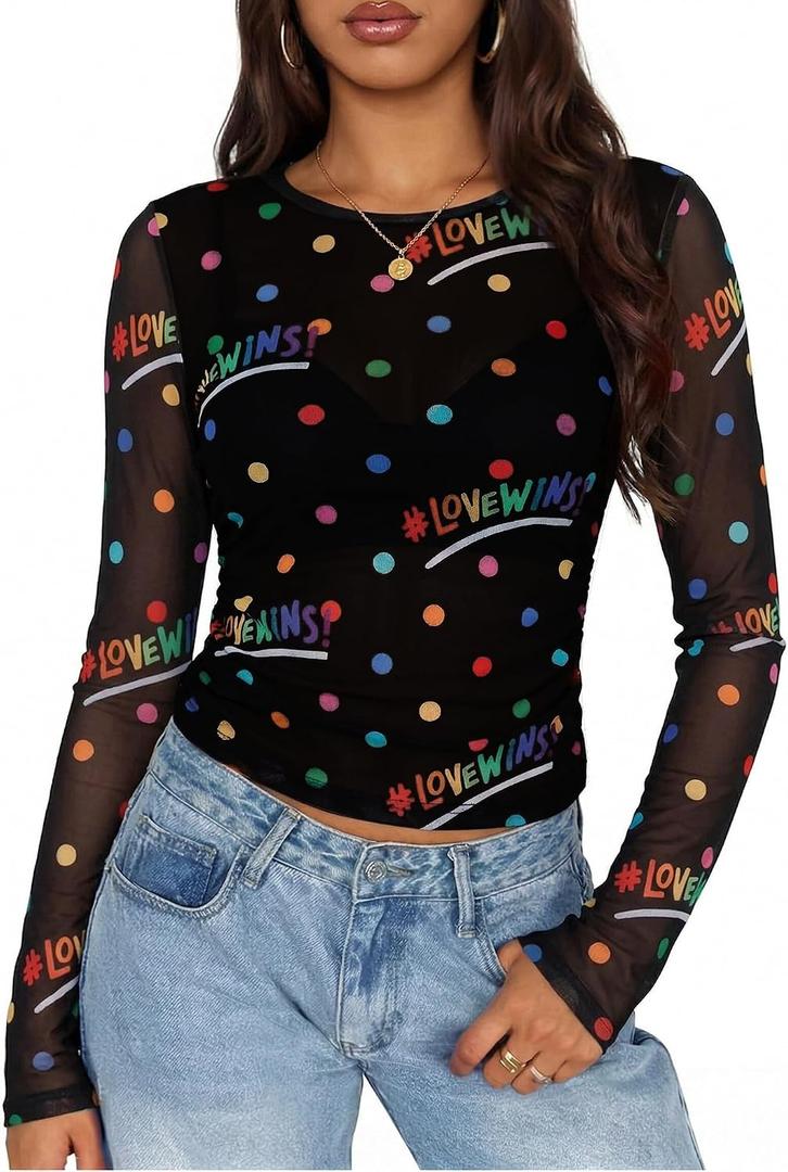 MOUSYA Sheer Tops for Women Mesh Long Sleeve Top See Through Sexy Going Out Tee Summer Crewneck Party Undershirt (Black, M)