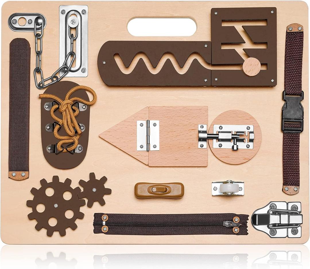 Montessori Busy Board for Toddlers, Wooden Sensory Toys, Preschool Learning Activities for Fine Motor Skills Travel Toy, Basic Life Skills Educational Gifts for 1, 2, 3 Years Old Kids Boys Girls (Nature)