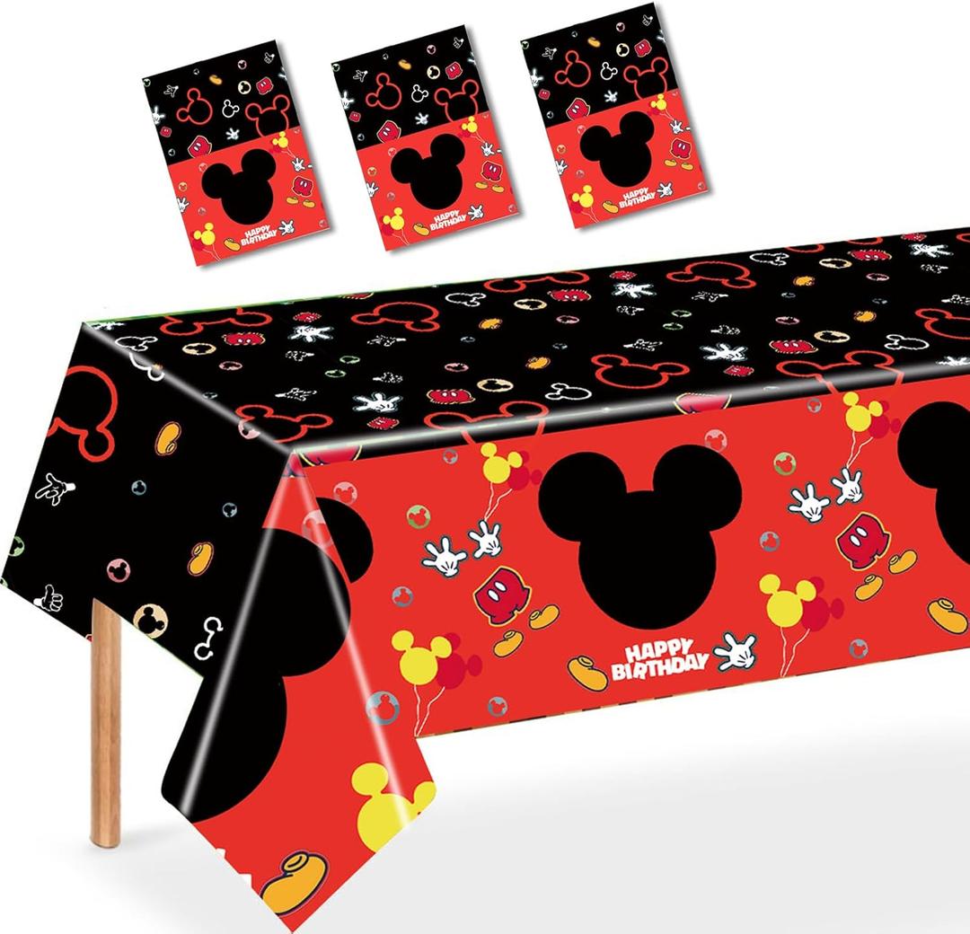 3PCS Mouse Party Tablecloth, Black Red Plastic Tablecover Disposable Table Cloths Decor for Boys 1st 2nd 3rd Party Decorations Supplies, 86.6 x 51.2in