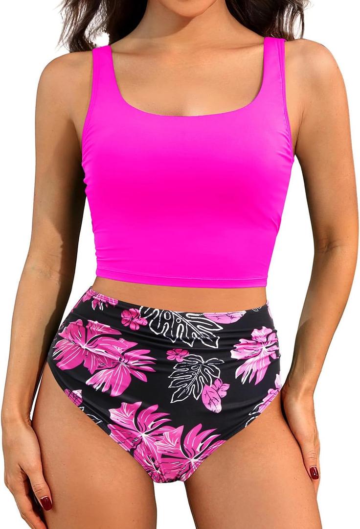 Women Two Piece Tankini Swimsuits - Crop Swim Top with High Waisted Bottom Tummy Control Bathing Suits Swimwear (Small, Pink Floral)