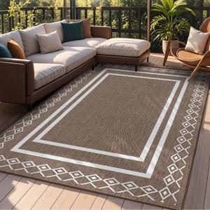 Outdoor Patio Rug, Outside Rectangular Carpet, Moroccan Geometric Rugs, Washable Large Indoor Outdoor Rug 8x10 Mats for RV, Picnic, Backyard, Deck, Balcony, Porch, Beach (Khaki)