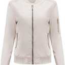 Women's Bomber Jacket Lightweight Varsity Zip Up Coat Casual Long Sleeve Windbreaker (Beige, XL)